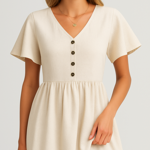 Charmante Jurk in Linnenkleur met Knopen
