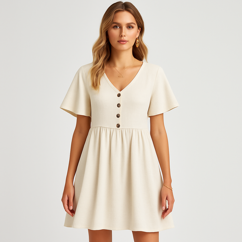 Charmante Jurk in Linnenkleur met Knopen